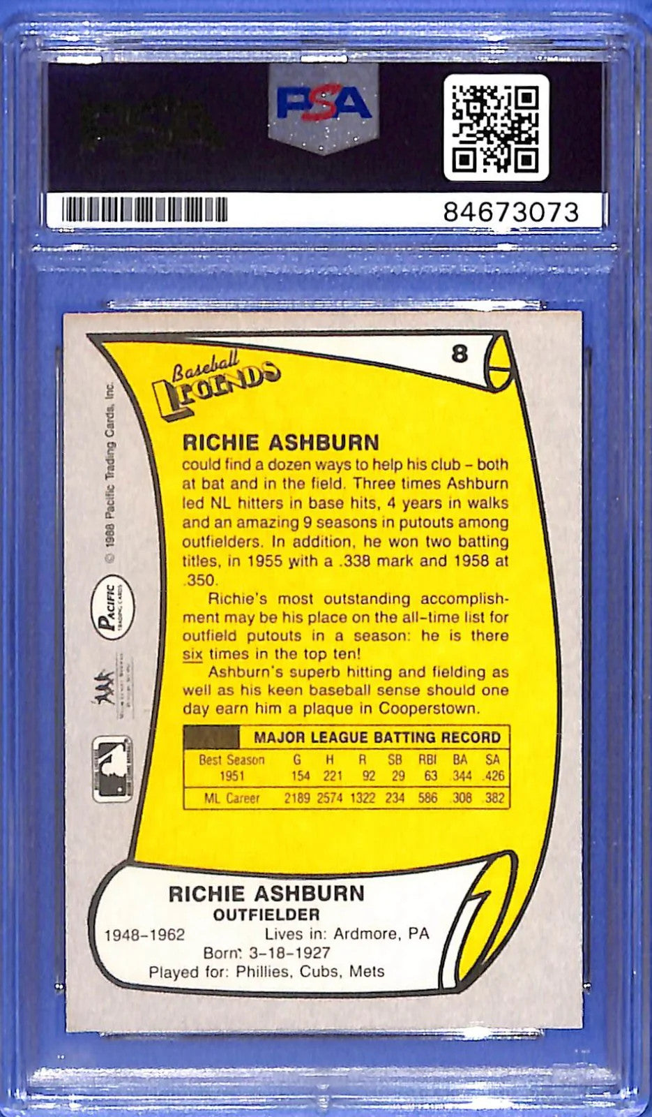 1988 Pacific Baseball Legends Signed Richie Ashburn #8 PSA/DNA Certified