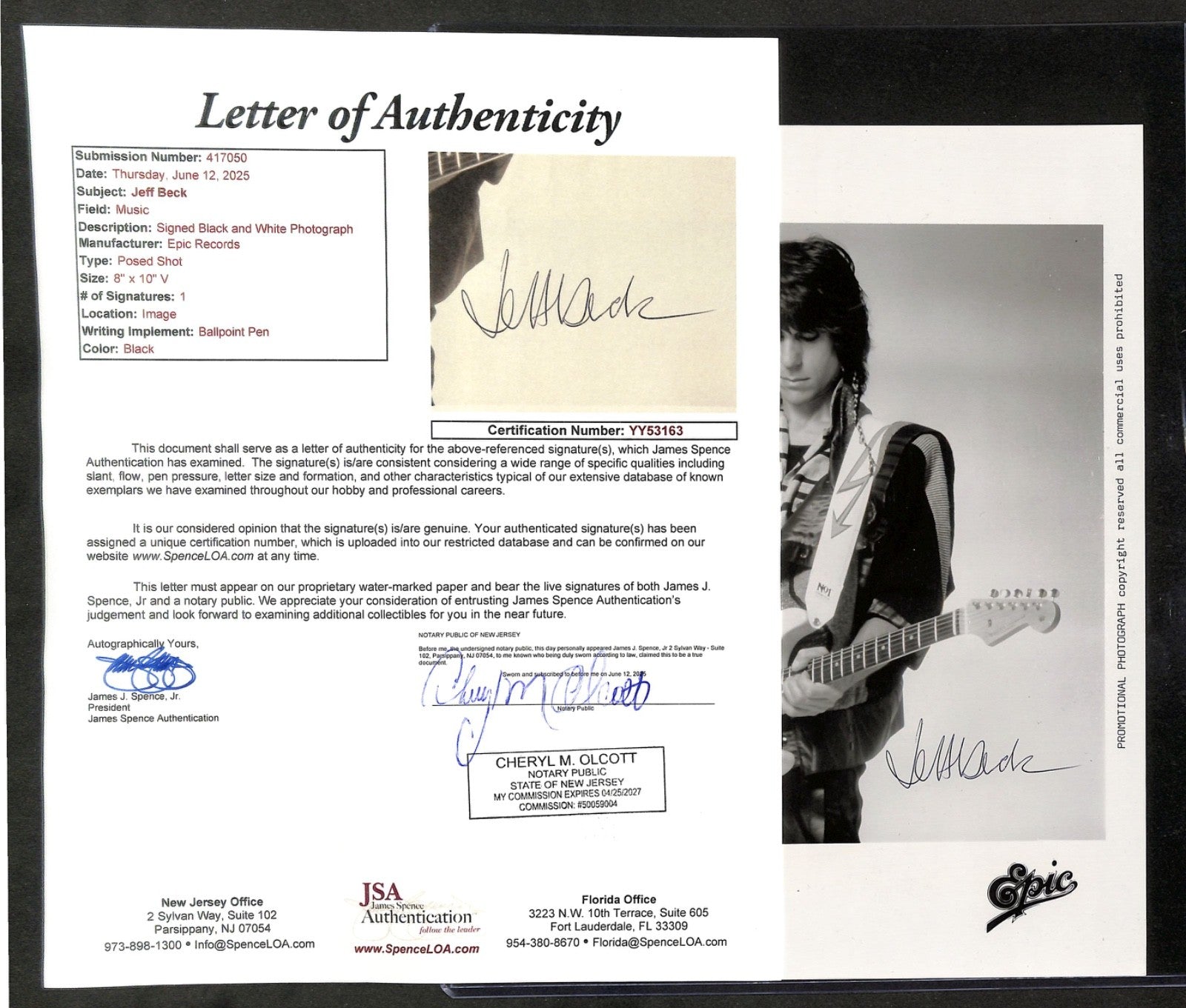 Jeff Black 8"x10" Photograph Autograph Epic Records JSA Authentic