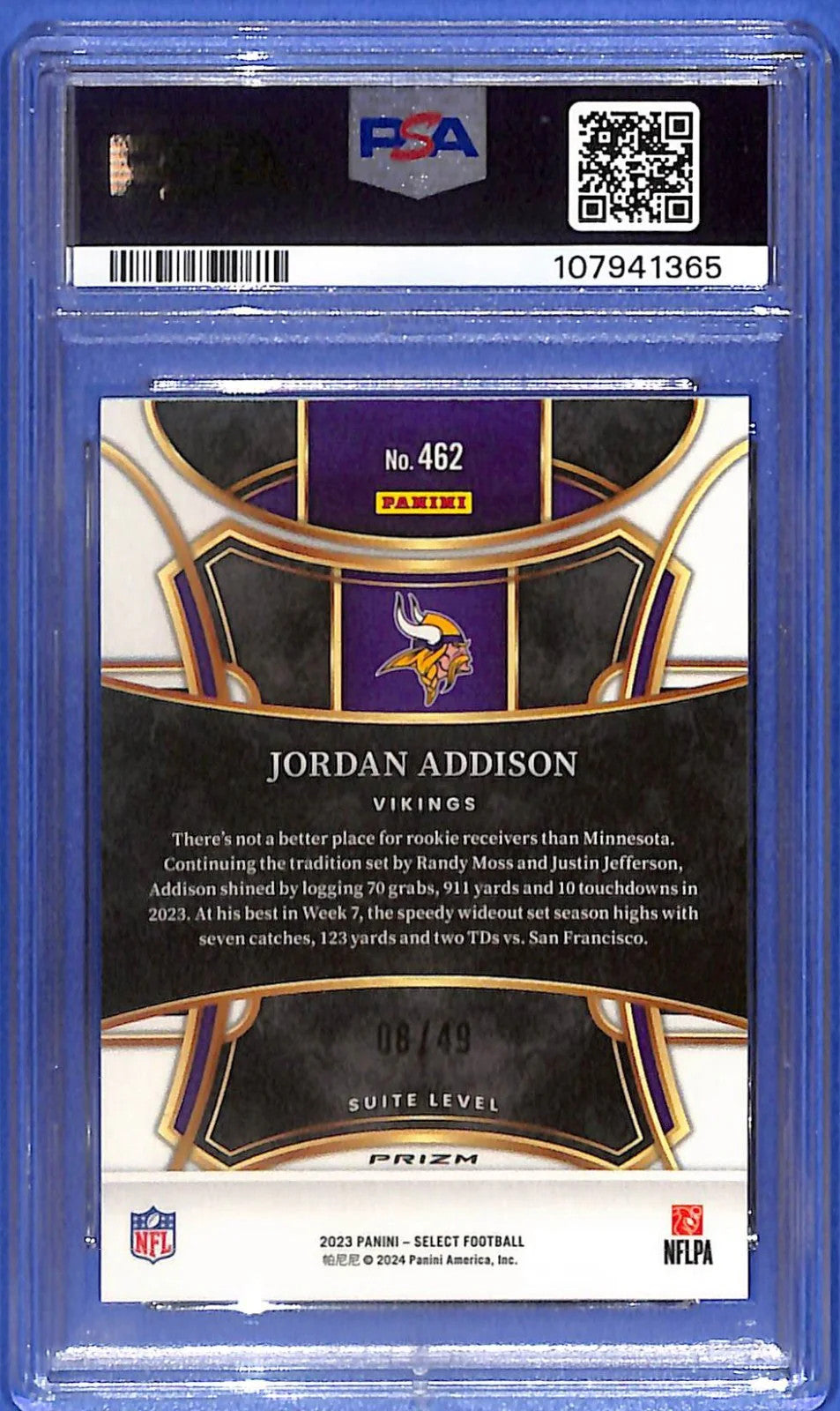 2023 Jordan Addison Panini Select #462 Red Disco Prizm # 8/49 (RC) PSA 10