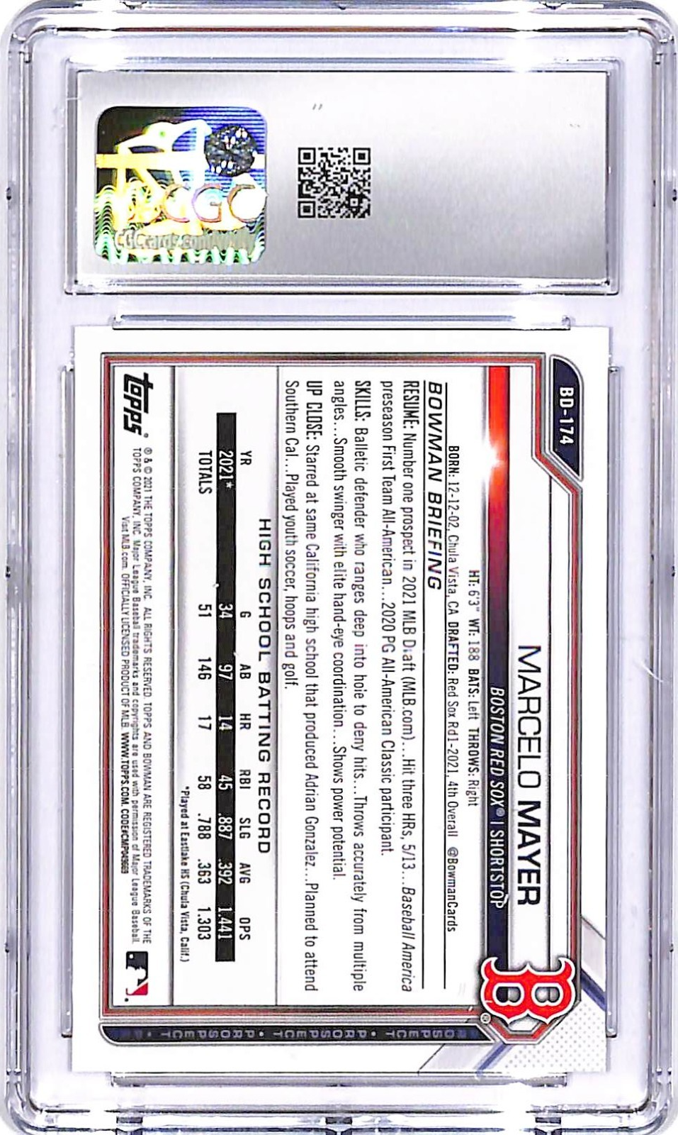 2021 Bowman Draft Marcelo Mayer Rookie RC CGC 10 Red Sox