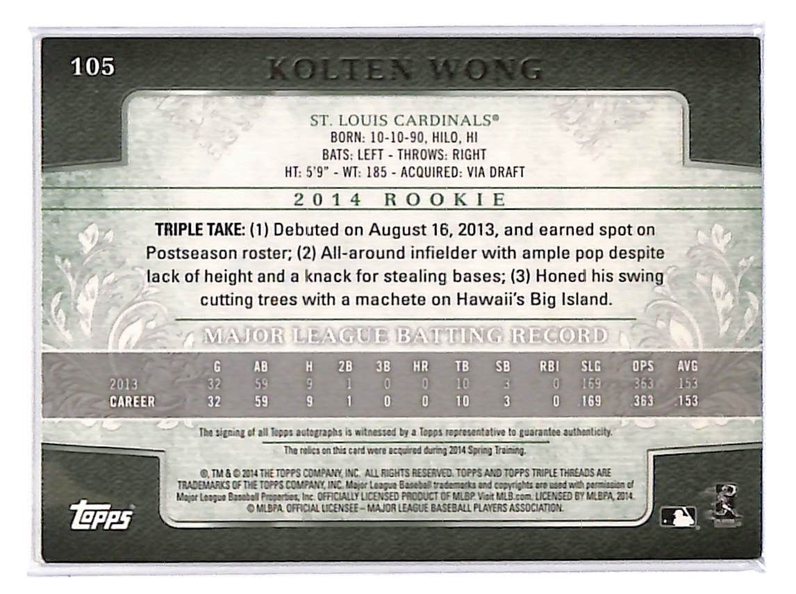 2014 Kolten Wong Topps Triple Threads Emerald Relic Auto (RC) - 102 #17/50
