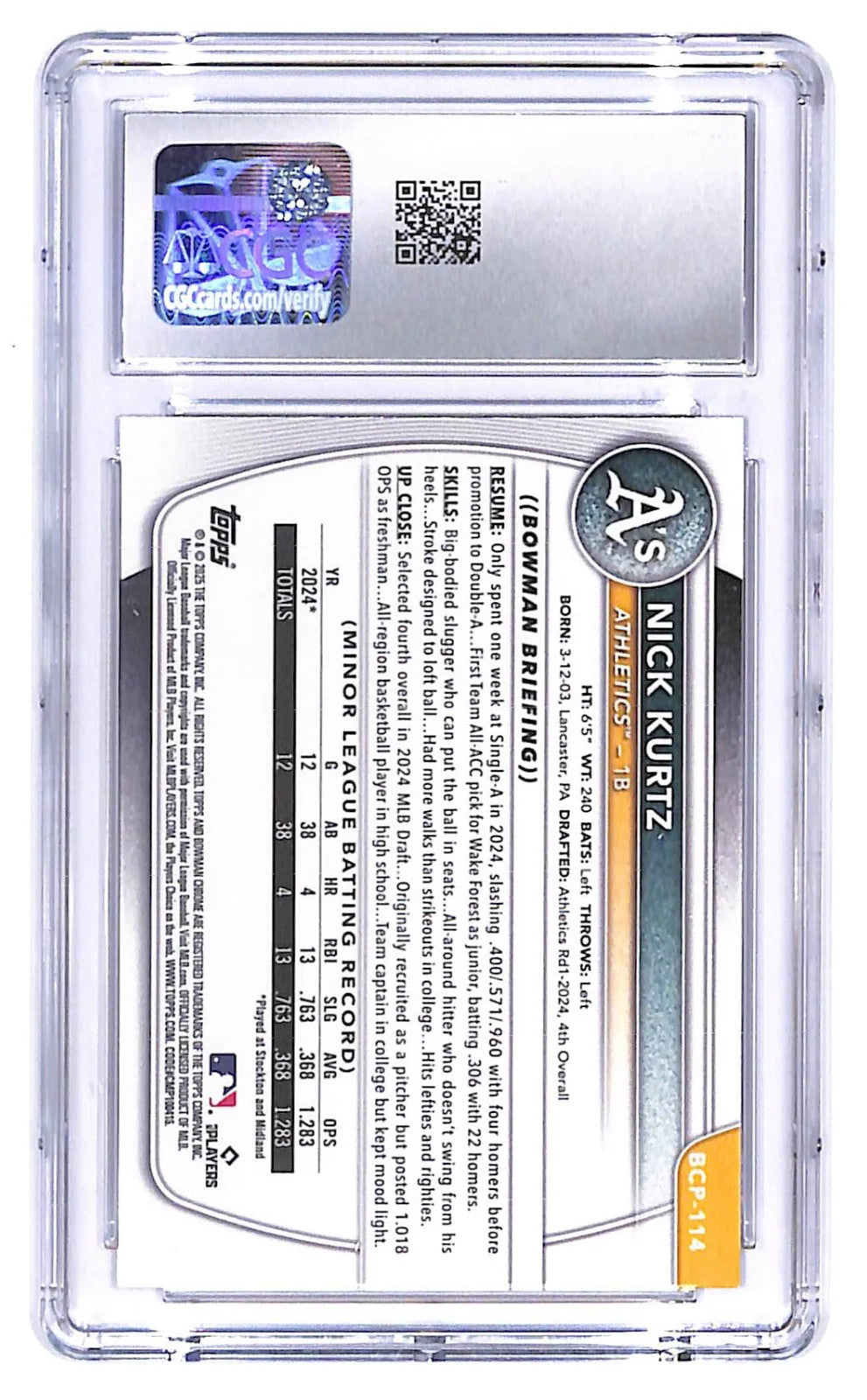 2025 Bowman - Chrome Prospects Nick Kurtz #BCP-114 Mini-Diamond Refractor CGC 10