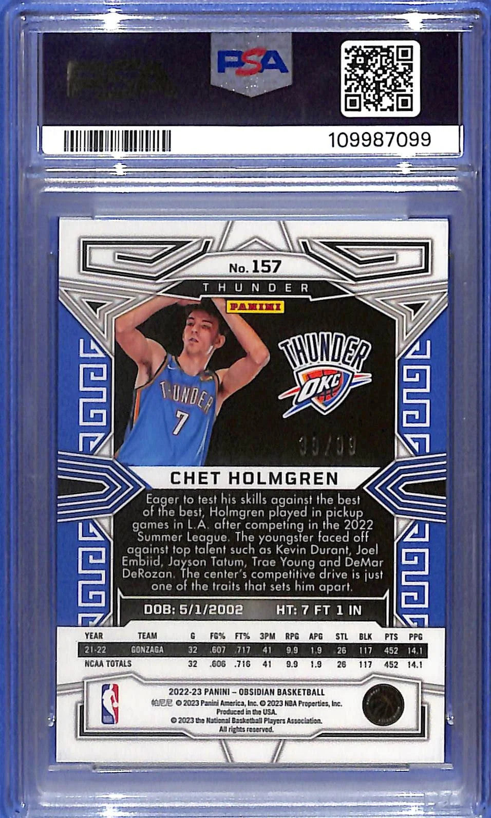 2022 Chet Holmgren Panini Obsidian Electric Etch Purple 39/99 - #157 PSA 9 (RC)