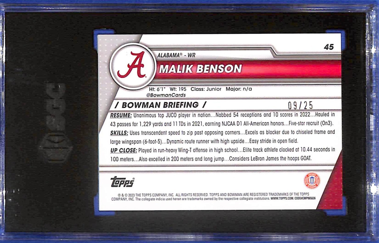 2023 Bowman Chrome U University Malik Benson Orange Shimmer #9/25 SGC 10