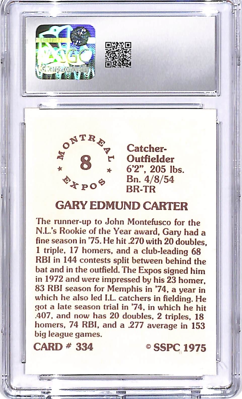 1976 SSPC Gary Carter Rookie RC #334 CGC 8.5 Expos
