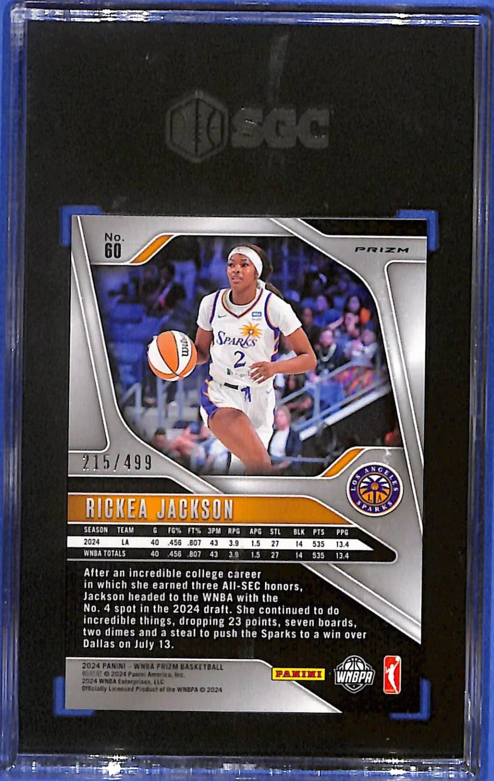 2024 Panini Prizm WNBA Rickea Jackson #60 Pulsar Prizm #215/499 (RC) SGC 10 GM