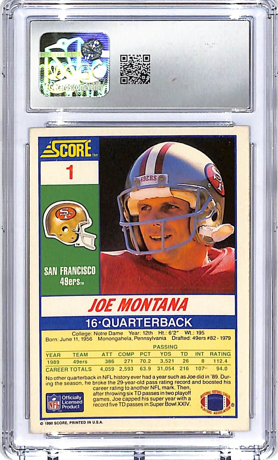 1990 Score Joe Montana #1 CGC 10 49ers