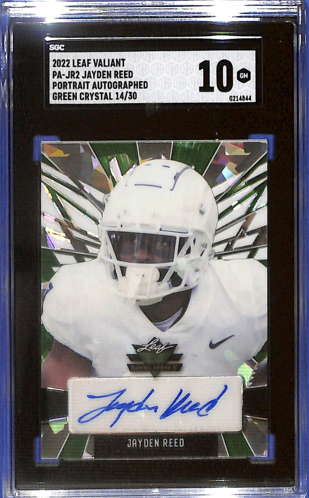 2022 Leaf Valiant Jayden Reed Auto Autograph Rookie RC Green Crystal SGC 10 /30