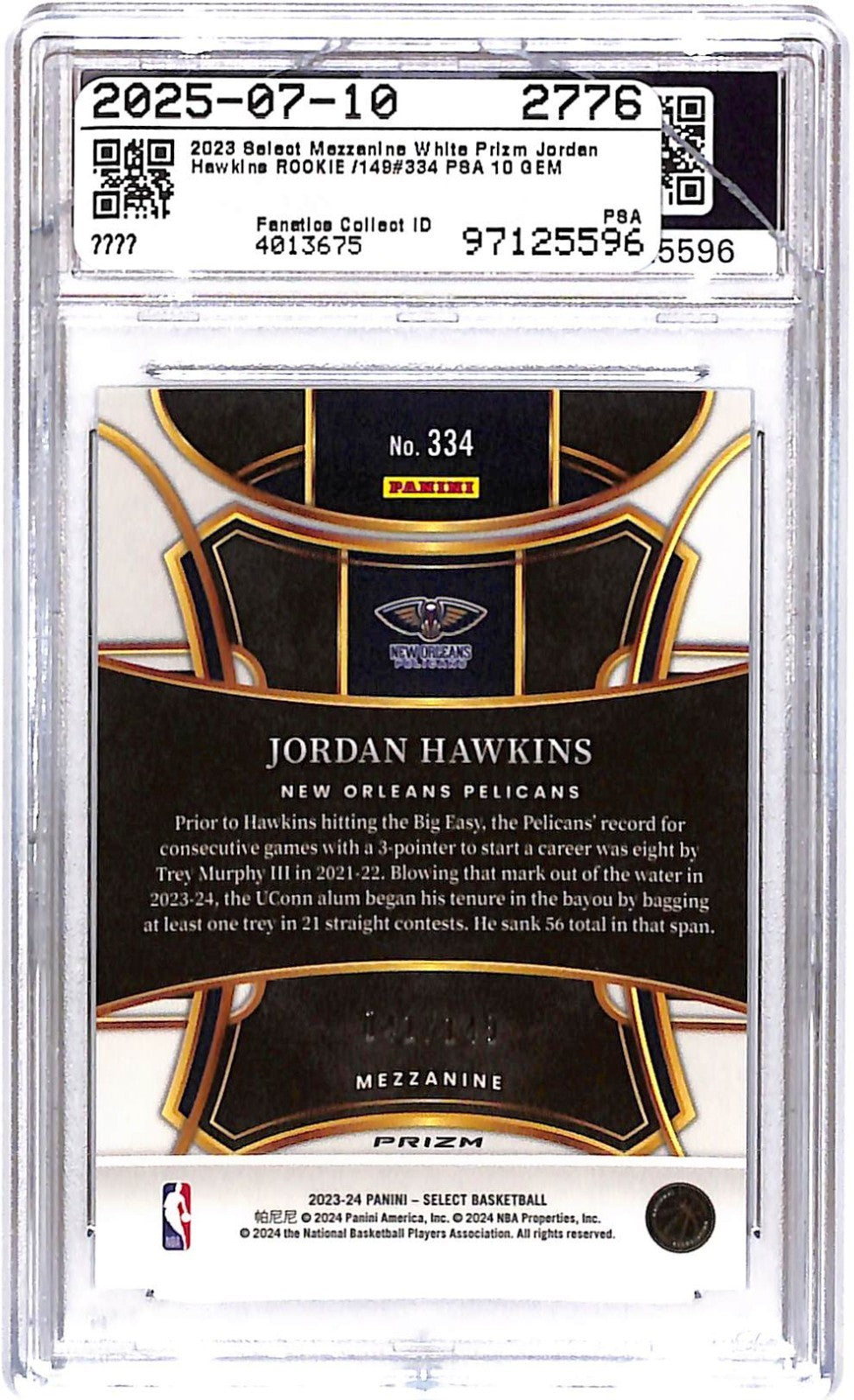 2023-24 Jordan Hawkins Select Rookie White Prizm #334 41/149 PSA 10