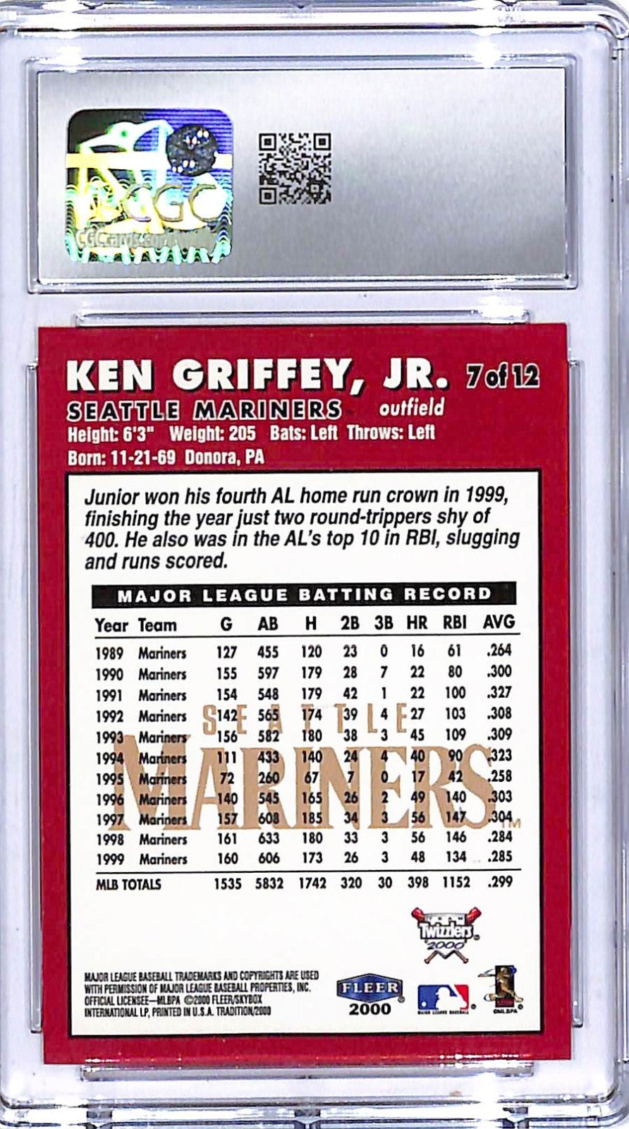 1998 Fleer Tradition Ken Griffey Jr Zone #7 CGC 9 Mariners