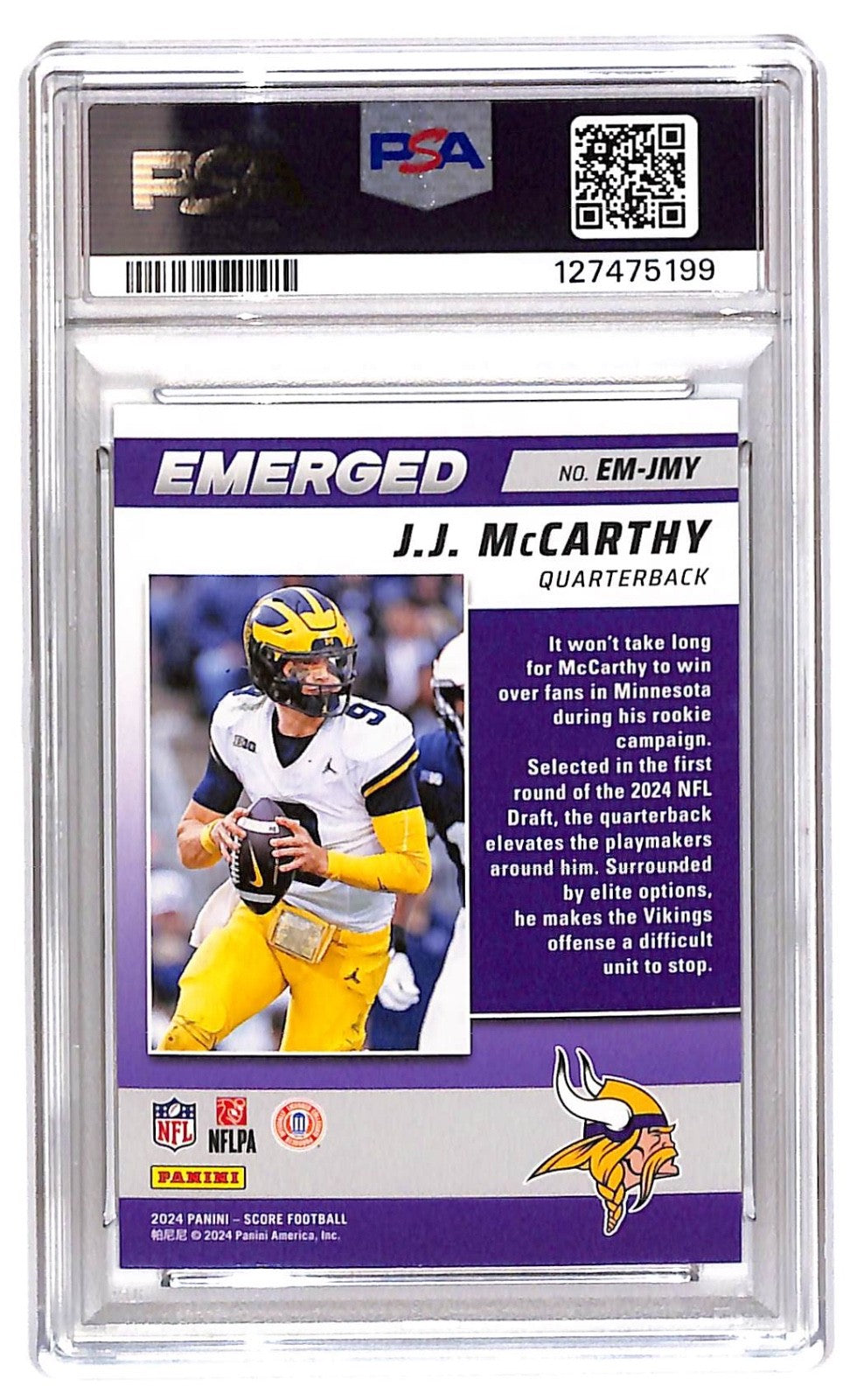2024 J.J. McCarthy Score Emerged-End Zone (RC) - EM-JMY #1/6 PSA 9