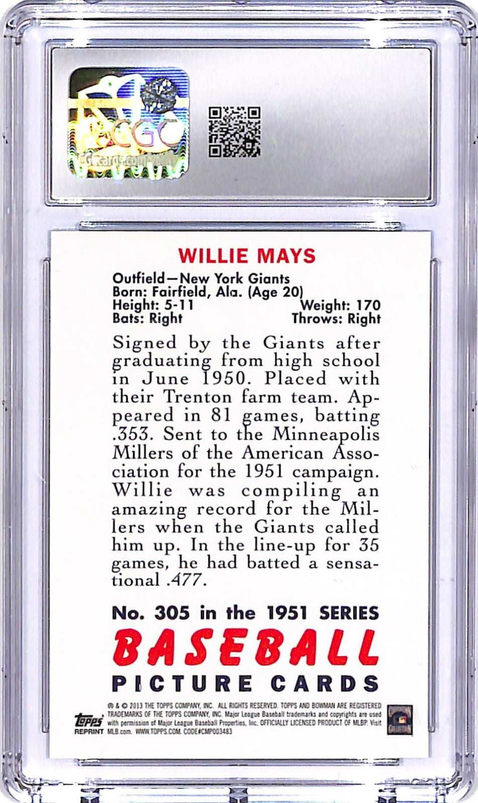 2013 Bowman Willie Mays Rookie Reprint Blue Sapphire Refractor 51 Bowman CGC 9.5