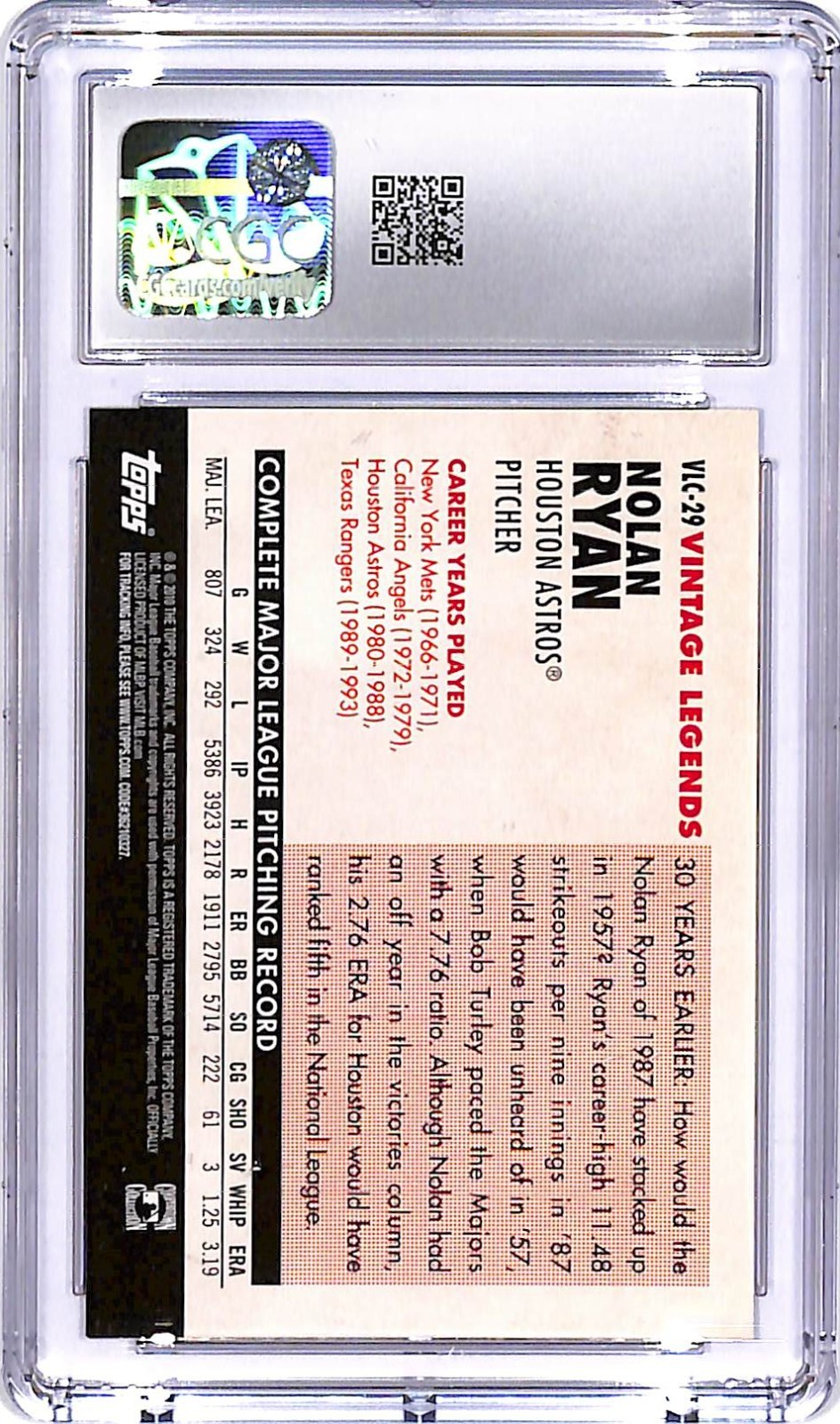 2010 Topps Update Nolan Ryan Vintage Legends Collection #29 CGC 9.5 Astros