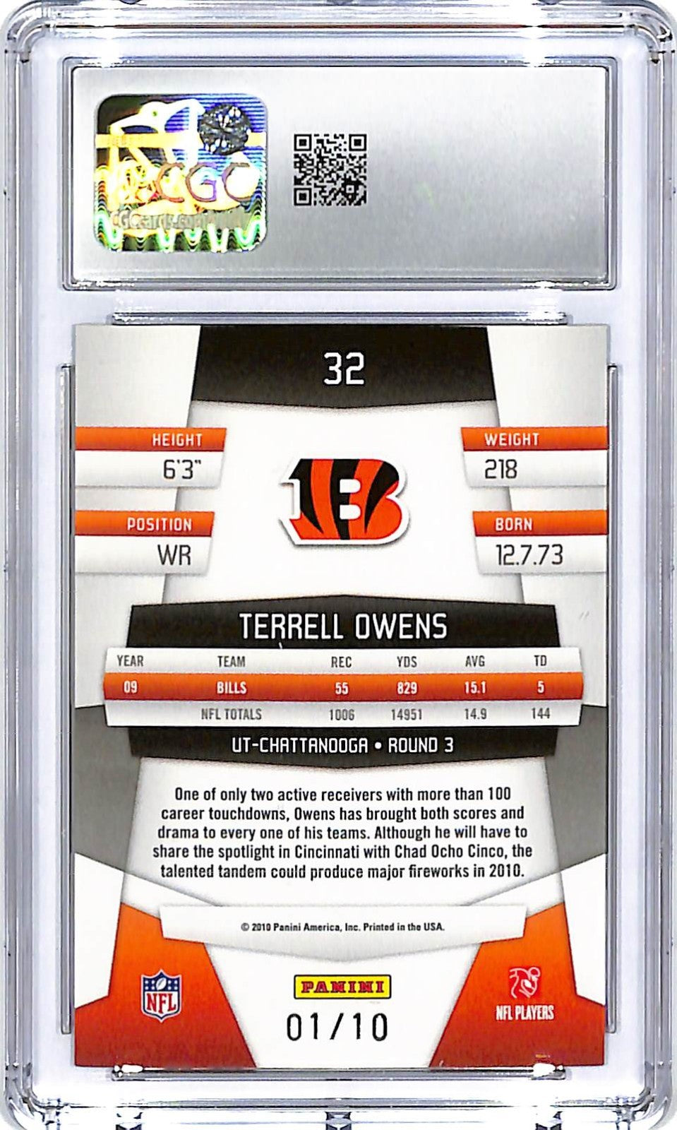 2010 Certified Terrell Owens Platinum Gold /10 #32 CGC 10 Bengals