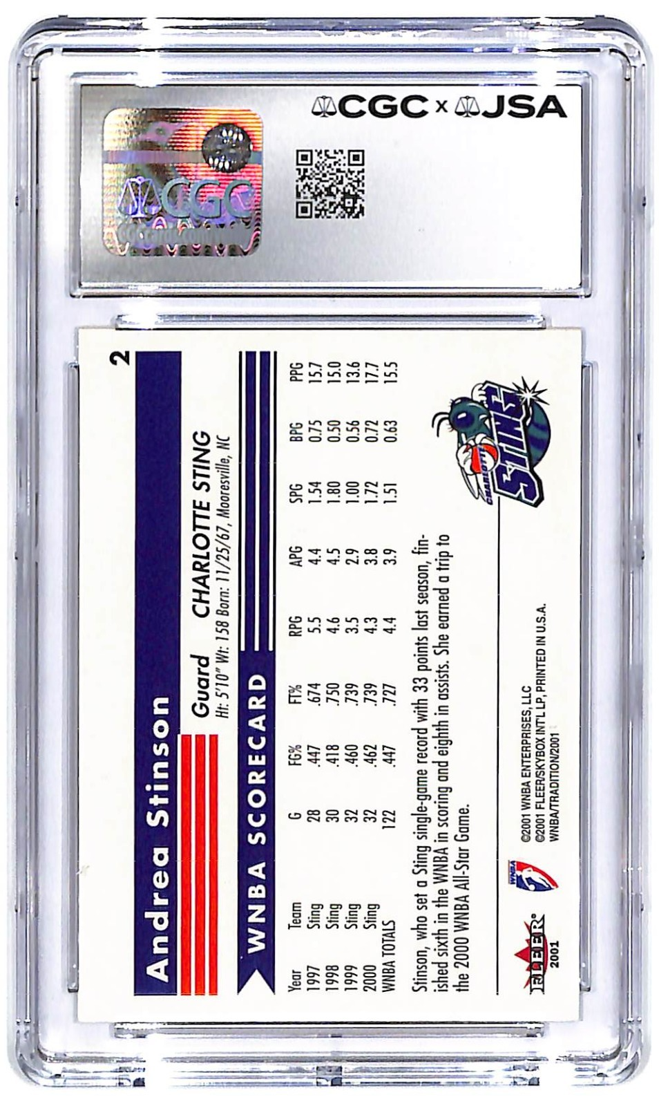2001 Andrea Stinson Fleer Tradition WNBA Autograph #2 CGC 8 - JSA Auto 9