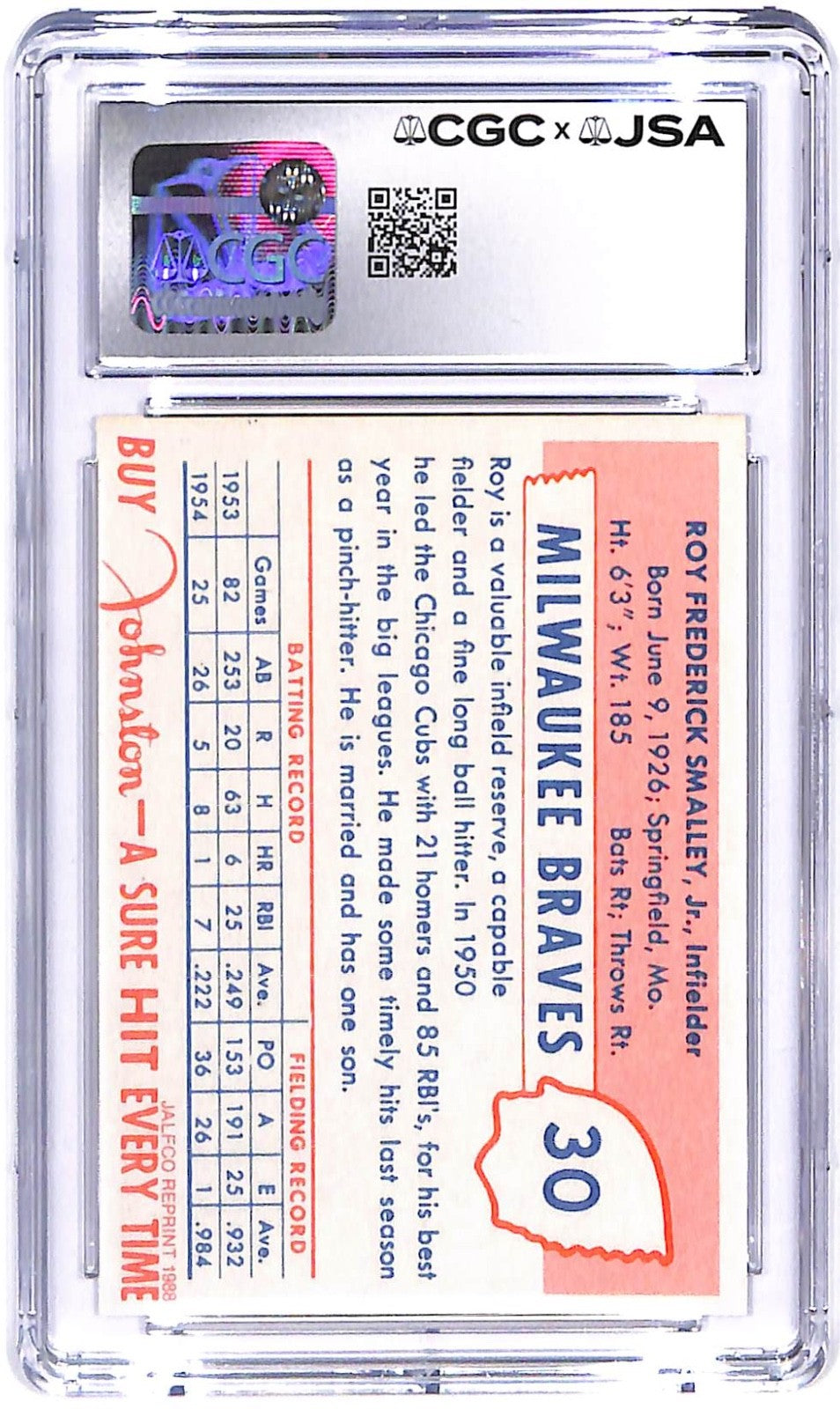1988 Roy Smalley JAFCO '55 JC AUTO Reprint #30 CGC - JSA Authentic Auto 10