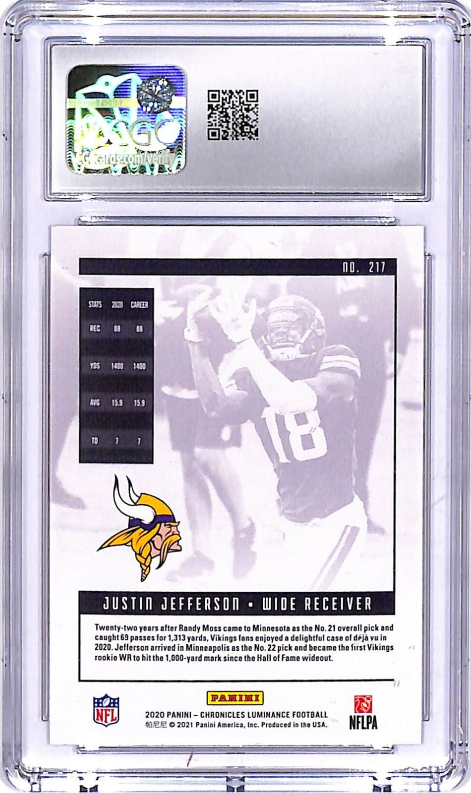 2020 Chronicles Justin Jefferson Luminance Rookie RC #217 CGC 9.5 Vikings