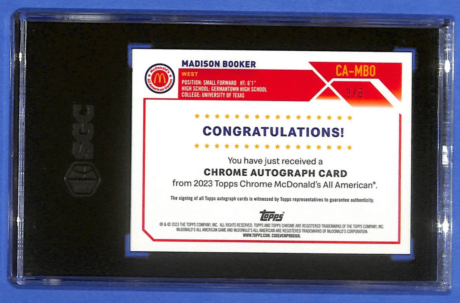 2023 Topps Chrome McDonald's A.A. Madison Booker Auto Red Refractor #3/5 SGC 10