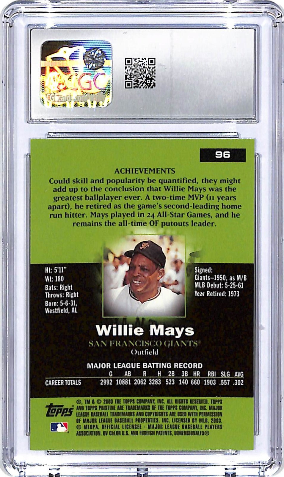 2003 Topps Pristine WIllie Mays #96 CGC 9.5 San Francisco Giants