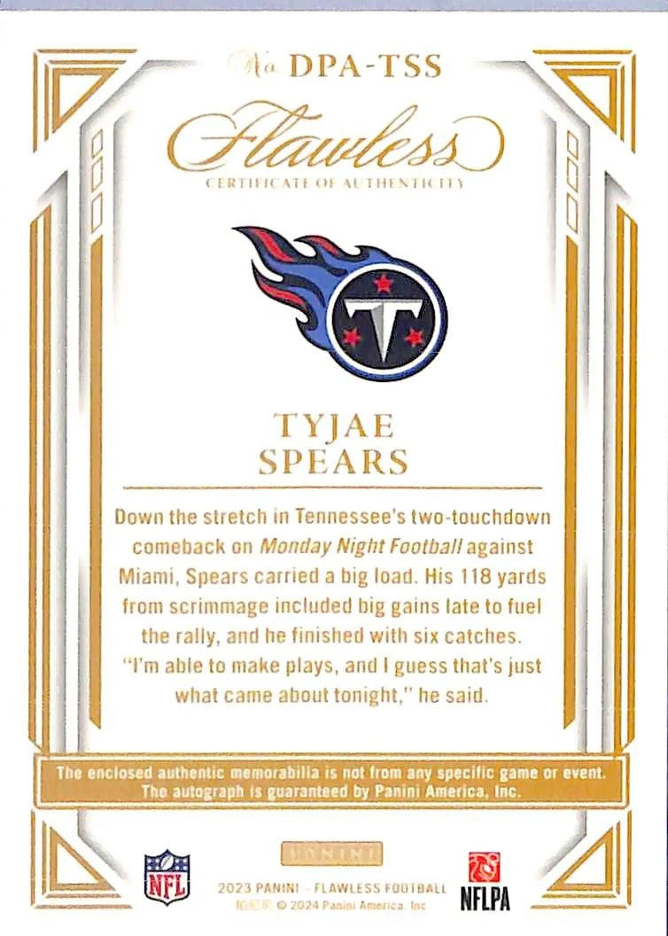 2023 Flawless Tajee Spears Auto Autograph Rookie RC Patch /20 Titans
