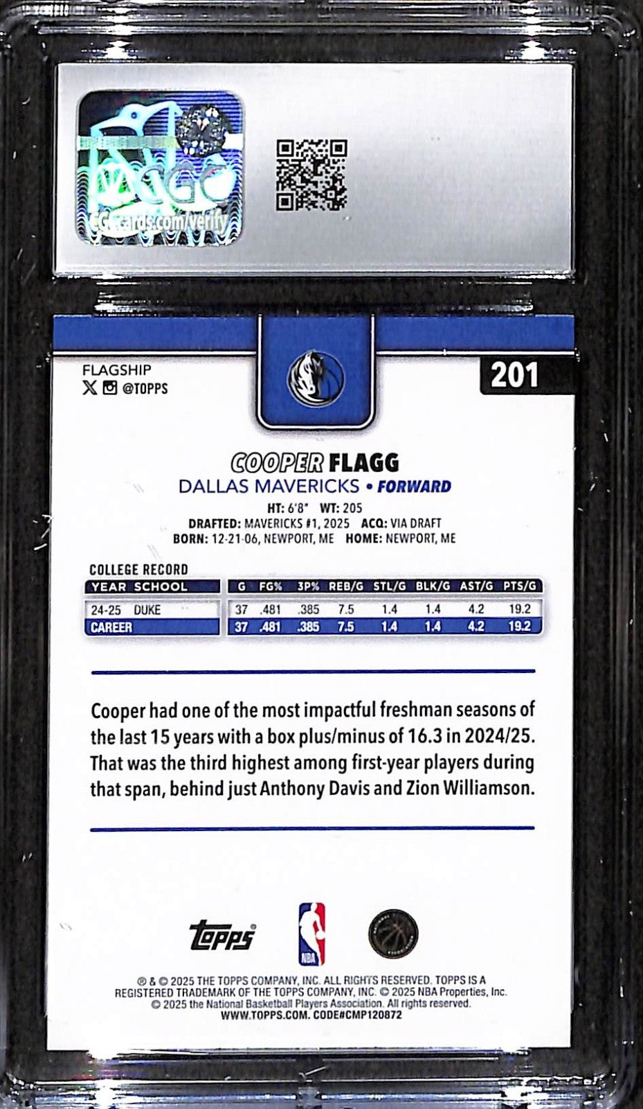 2025-26 Topps - Cooper Flagg #201 (RC) CGC 9.5