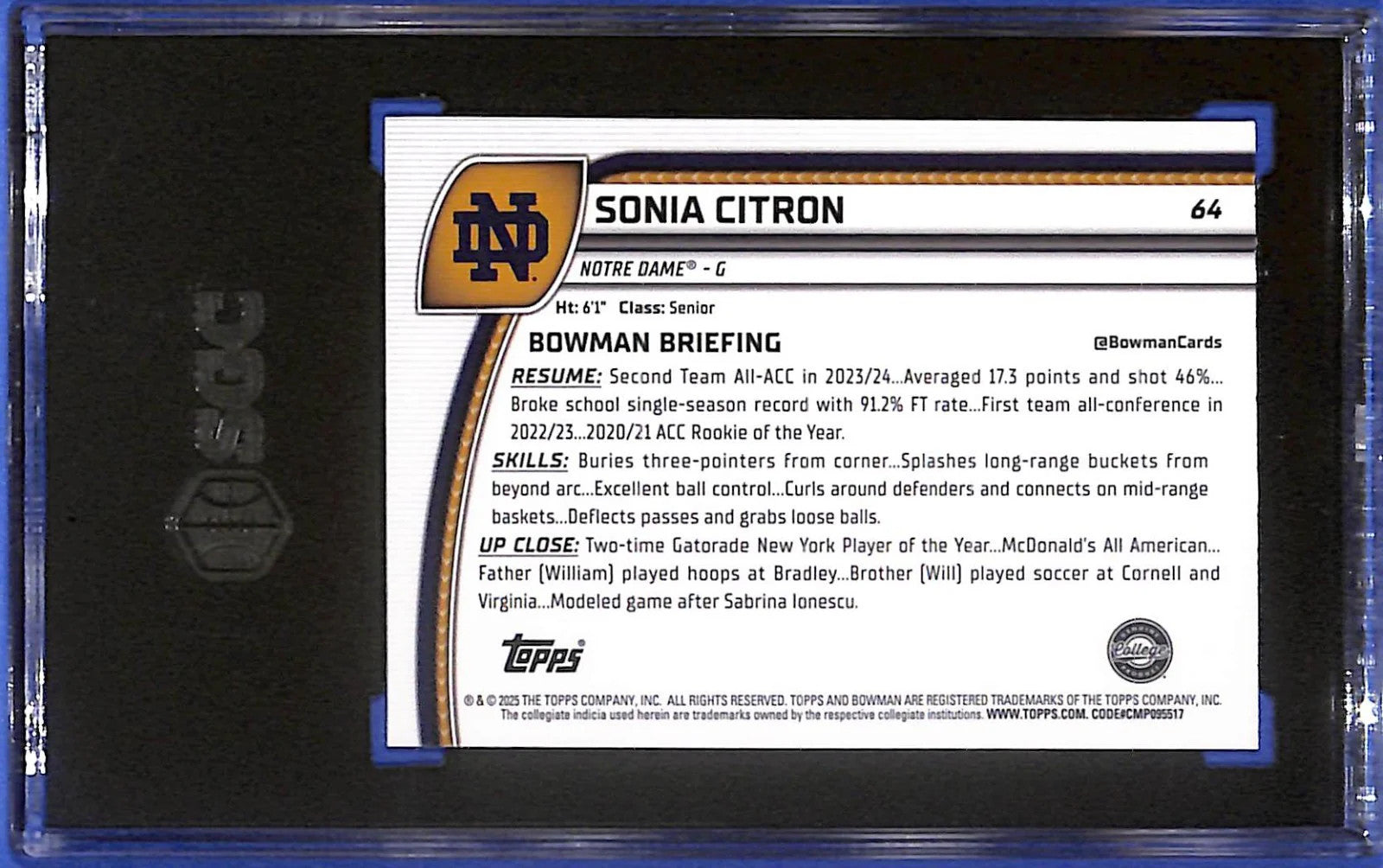 2024-25 Bowman U Chrome Sonia Citron #64 Black Wave Refractor (RC) SGC 10 GM