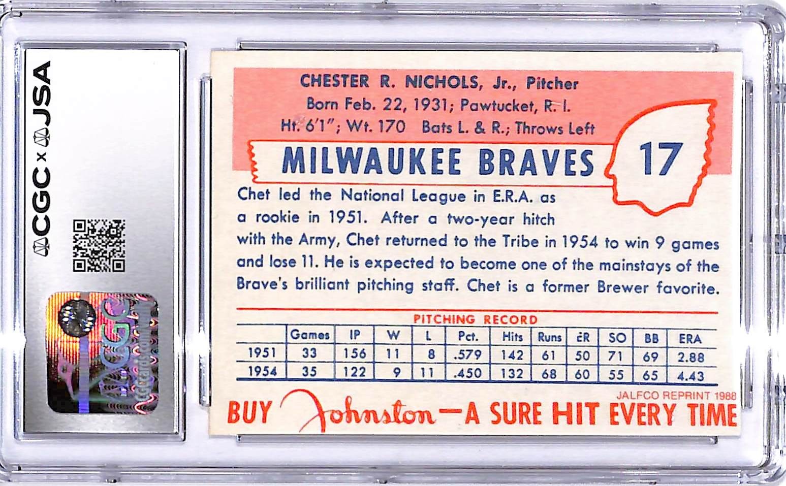 Signed 1988 JALFCO '54 Milwaukee Braves Reprints #3 Chet Nichols CGC 7/9 Auto