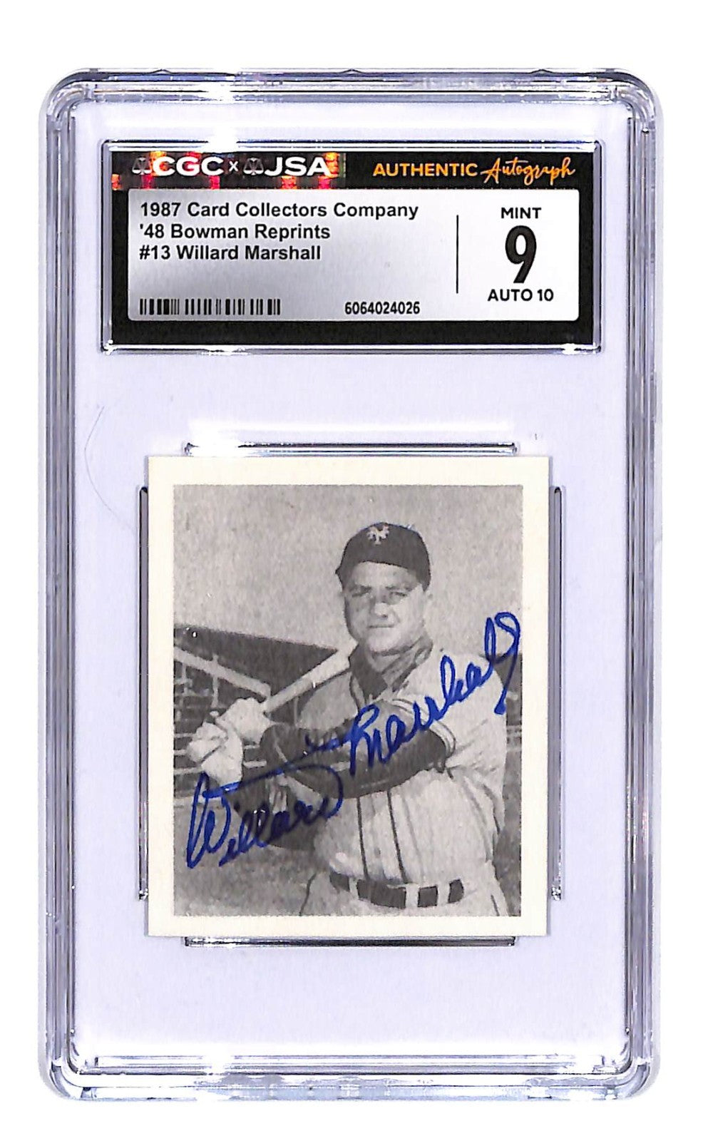 Signed 1987 CCC 1948 Bowman Reprints Willard Marshall #13 CGC 9/10 Autograph