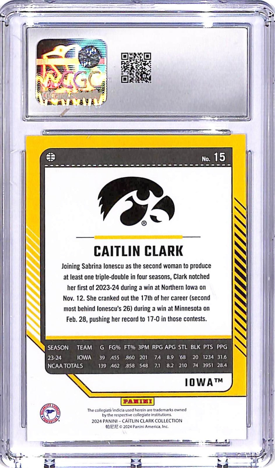 2024 Panini Caitlin Clark Collection Donruss Rookie RC #15 CGC 9.5