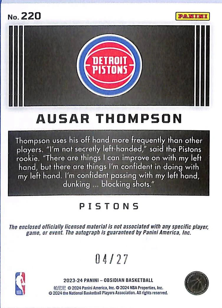 2023-24 Obsidian Ausar Thompson Auto Autograph Rookie RC Patch /27 Blue