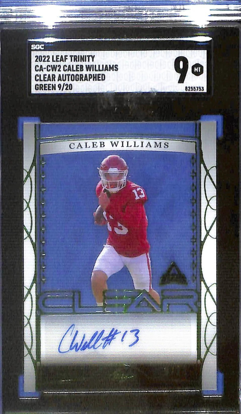 2022 Leaf Trinity Caleb WIlliams Clear Auto Autograph Green Rookie RC /20 SGC 9