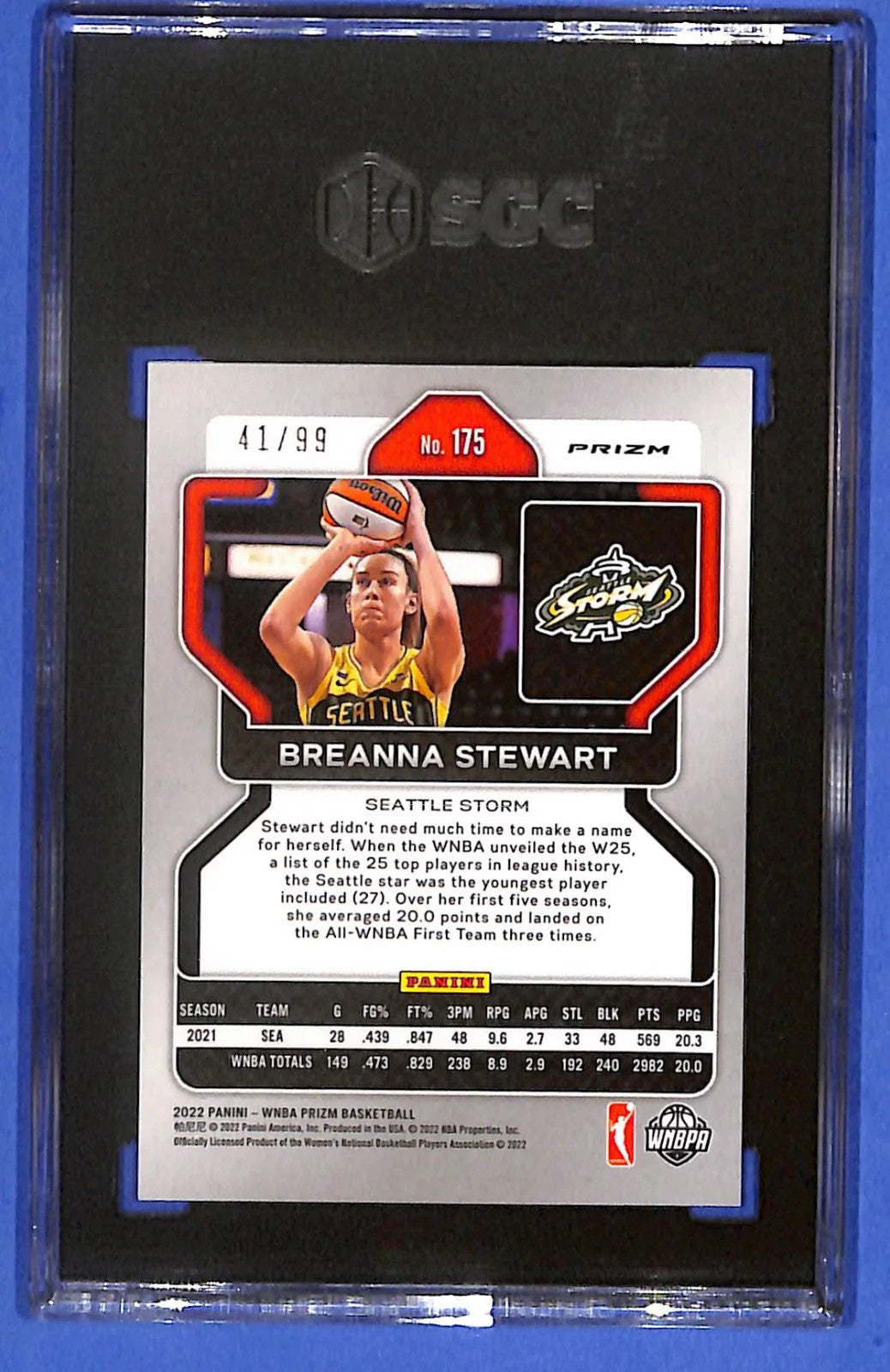 2022 Panini Prizm WNBA Breanna Stewart #175 Purple Prizm #41/99 SGC 9 Storm