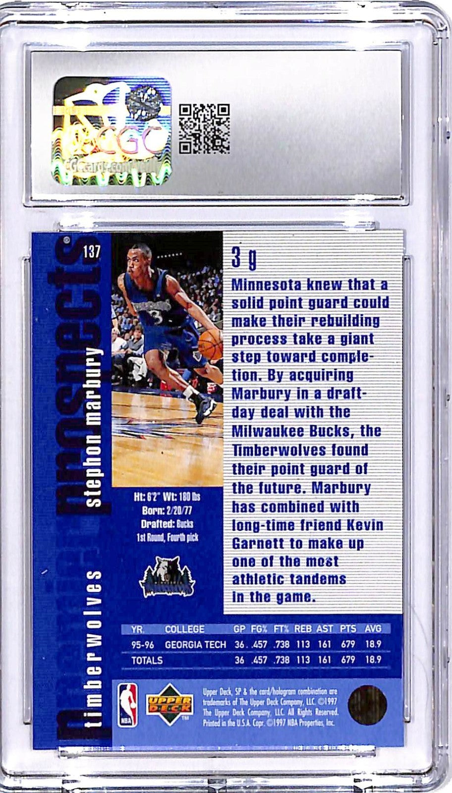 1996-97 SP Stephon Marbury Rookie RC #137 CGC 10 Timberwolves
