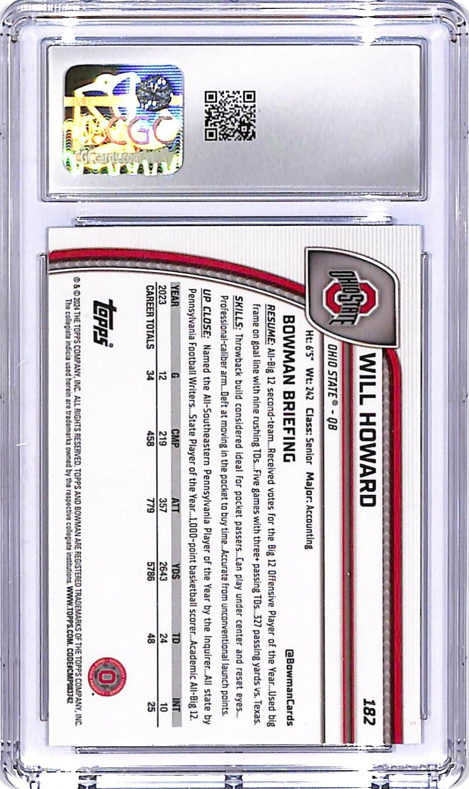 2024 Bowman Chrome University Sapphire Will Howard Rookie RC CGC 9.5 #182