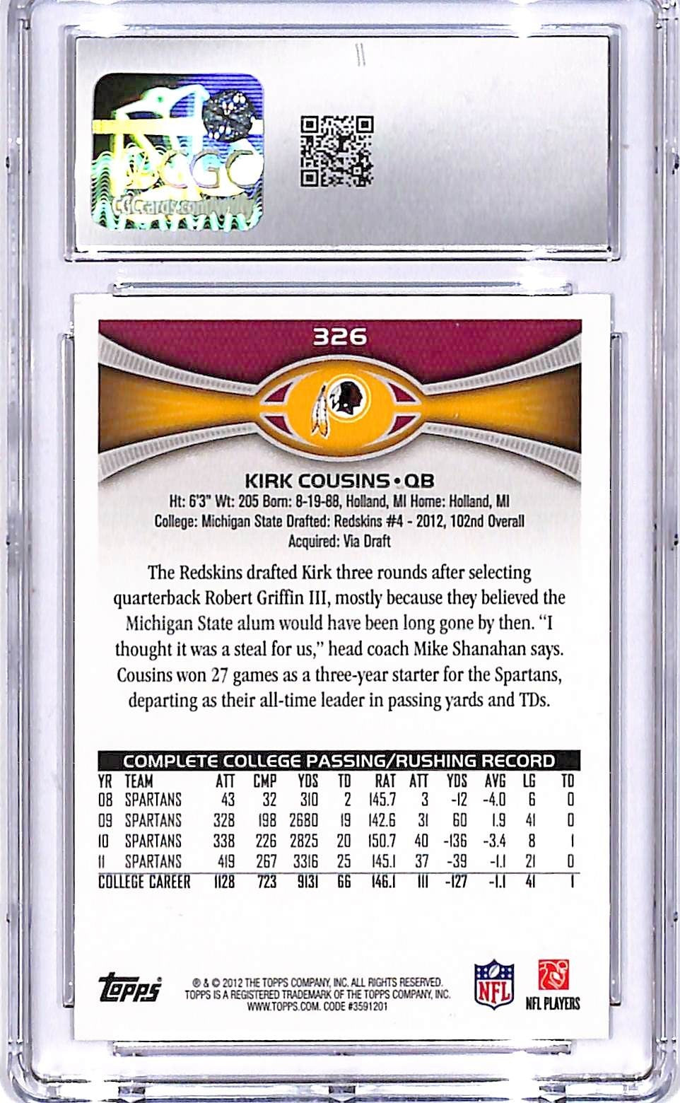 2012 Topps Kirk Cousins Rookie RC CGC 10 #326 Redskins