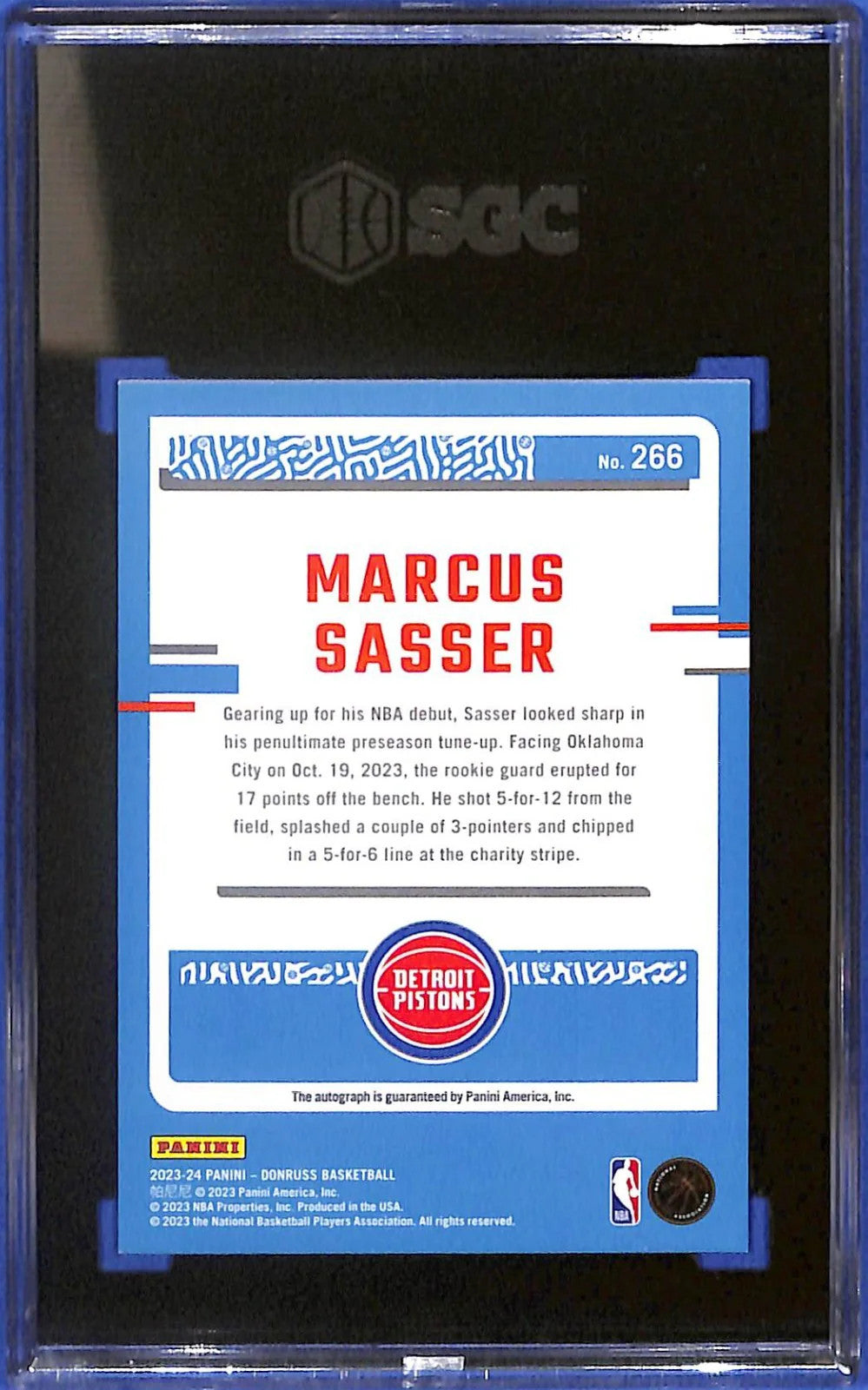 2023 Marcuss Sasser Donruss Red Holo Laser Auto (RC) #6/49 SGC 10 Auto 10 #266
