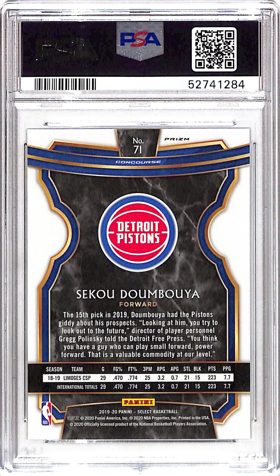 2019 Panini Select Sekou Doumbouya #71 Silver Prizm PSA 10