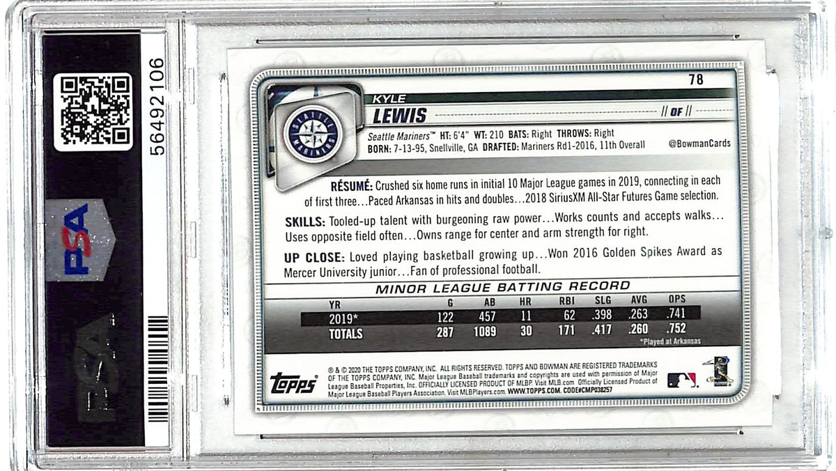 2020 Bowman Kyle Lewis Rookie #78 PSA 10 Seattle Mariners