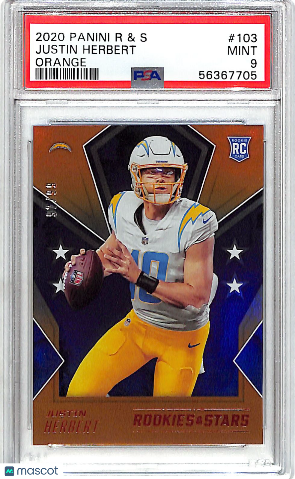 2020 Panini Rookies & Stars Justin Herbert Orange /99 Rookie #103 PSA 9 Chargers