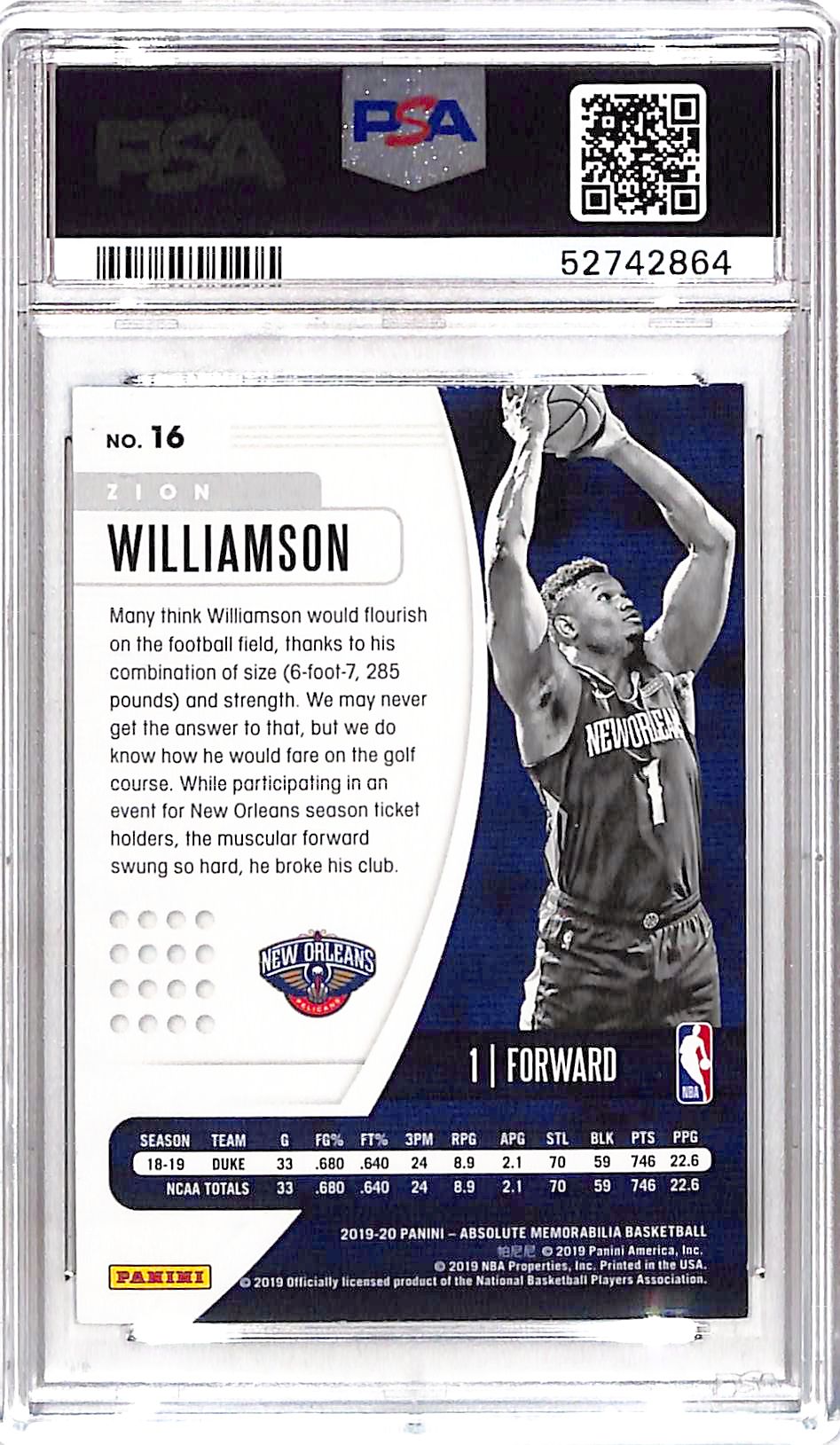 2019 Panini Absolute Memorabilia Zion Williamson #16 Retail MK PSA 8