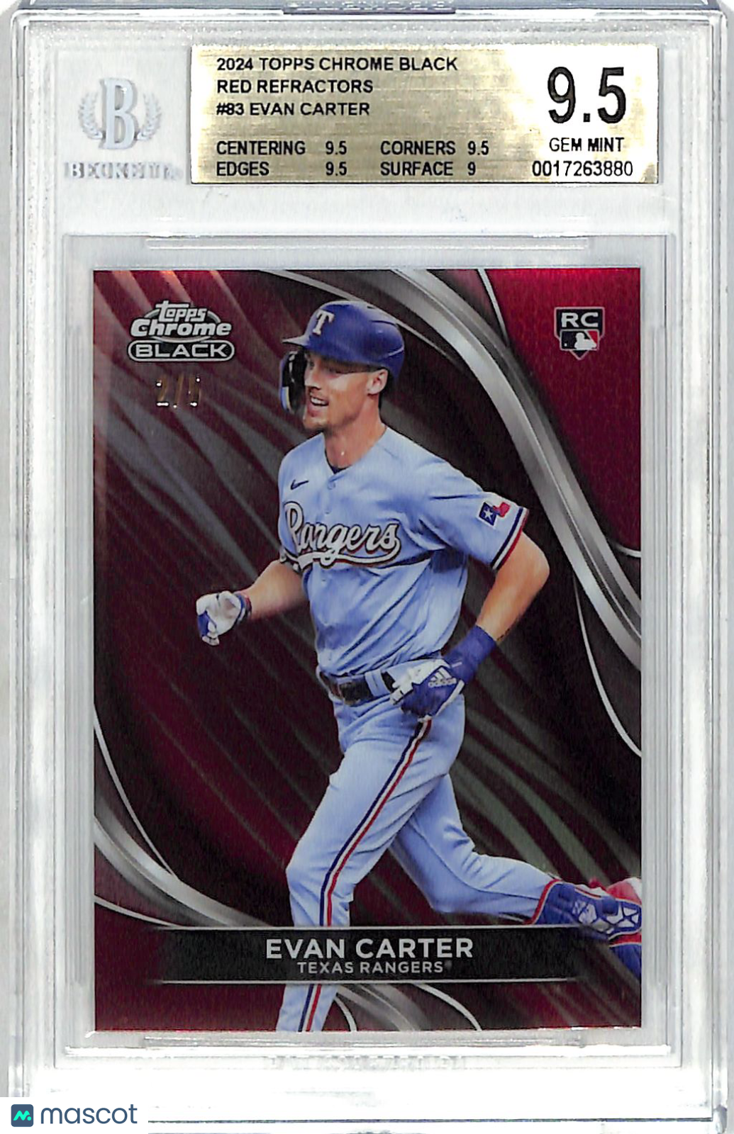 2024 Topps Chrome Black Evan Carter Red Refractor /5 Rookie #83 BGS 9.5 Rangers