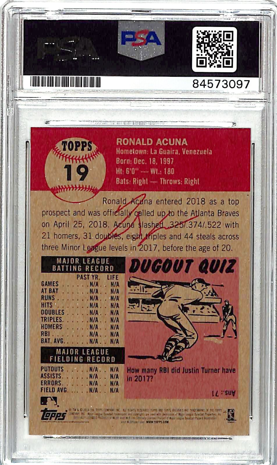 2018 Topps Living Set Ronald Acuna JR Auto Autograph #19 PSA Authentic Braves