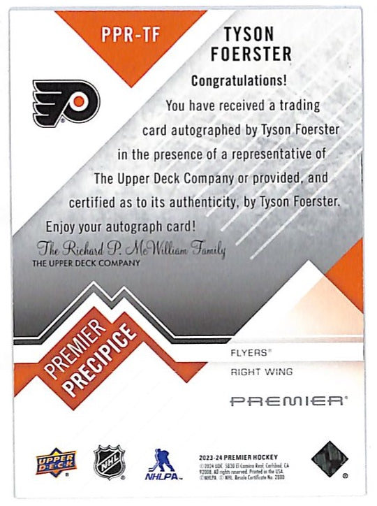 2023-24 Upper Deck Premier Premier Precipice Tyson Foerster Rookie Autograph #PPR-TF Philadelphia Flyers
