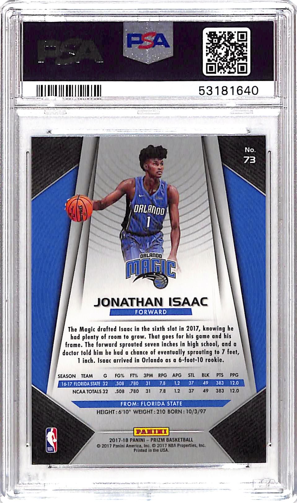 2017 Panini Prizm Jonathan Isaac #73 PSA 9