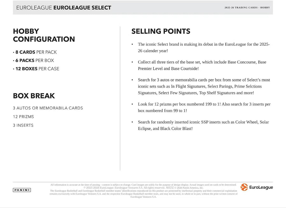 2025-26 Panini Select EuroLeague Basketball Hobby Box