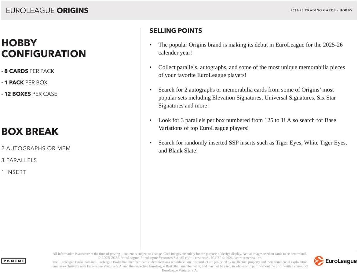 2025-26 Panini Origins EuroLeague Basketball Hobby Box