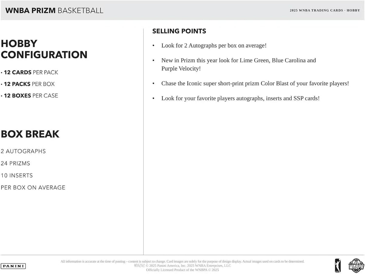 2025 Panini Prizm WNBA Basketball Hobby Box
