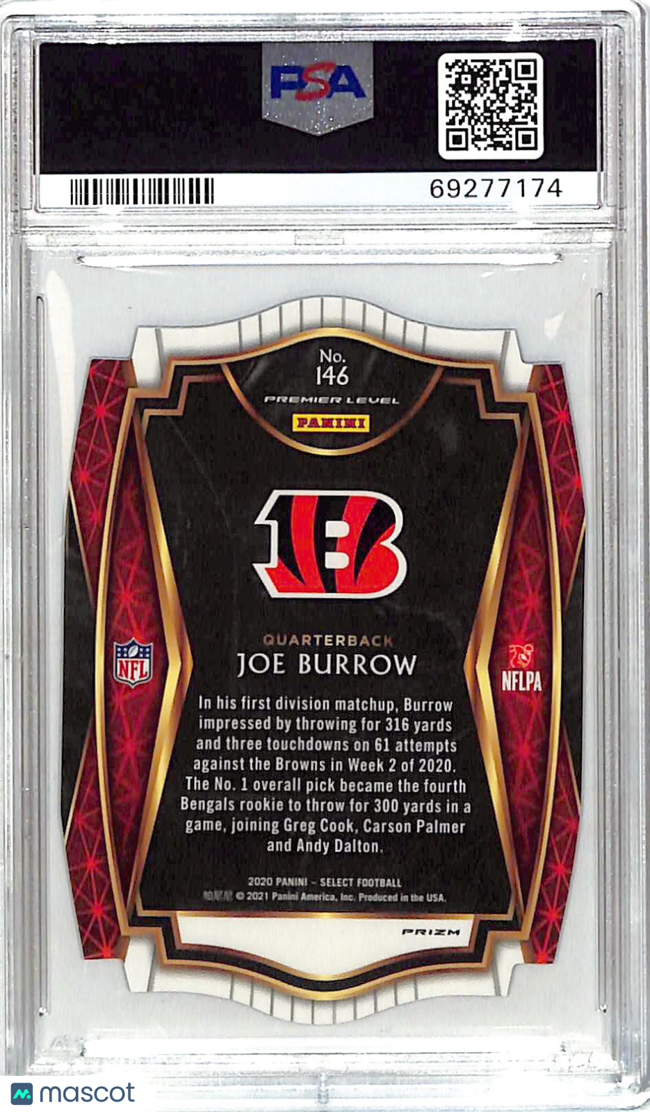 2020 Panini Select Joe Burrow Die Cut Purple Prizm Rookie #146 PSA 10 Bengals
