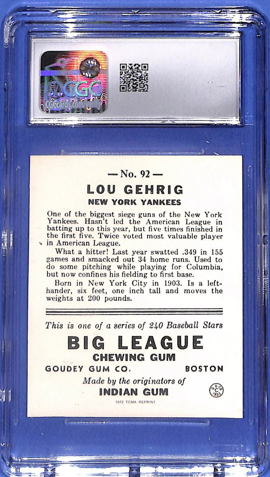 1972 TCMA 1933 Goudey Reprint #92 Lou Gehrig (HOF) CGC 8 NM/MINT N.Y. Yankees