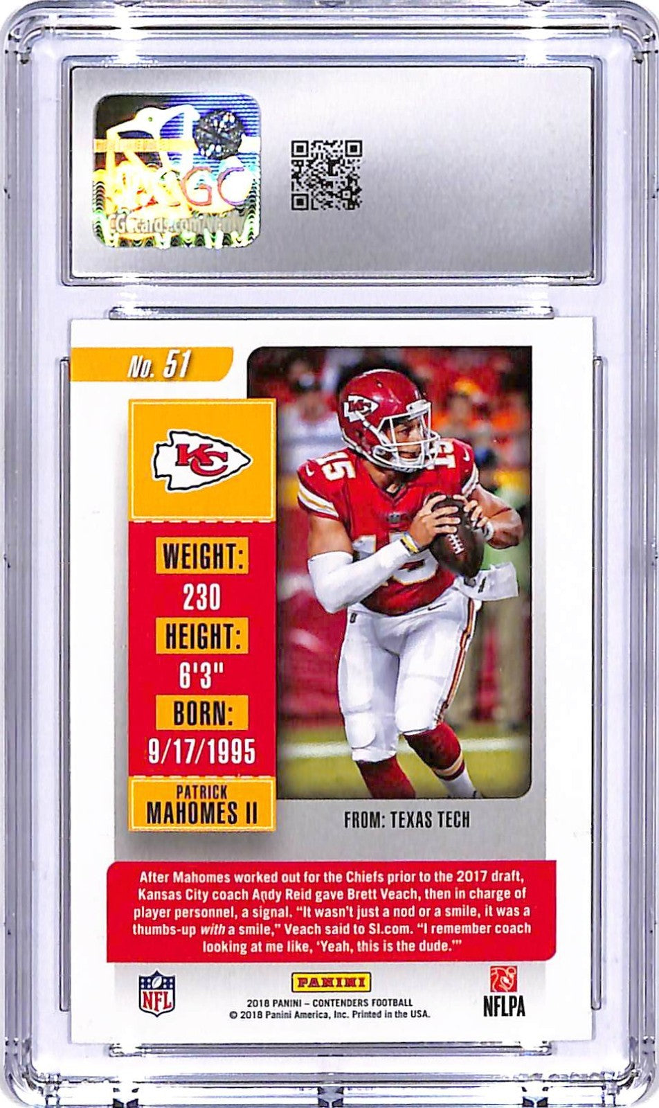 2018 Contenders Patrick Mahomes #51 CGC 10 Chiefs
